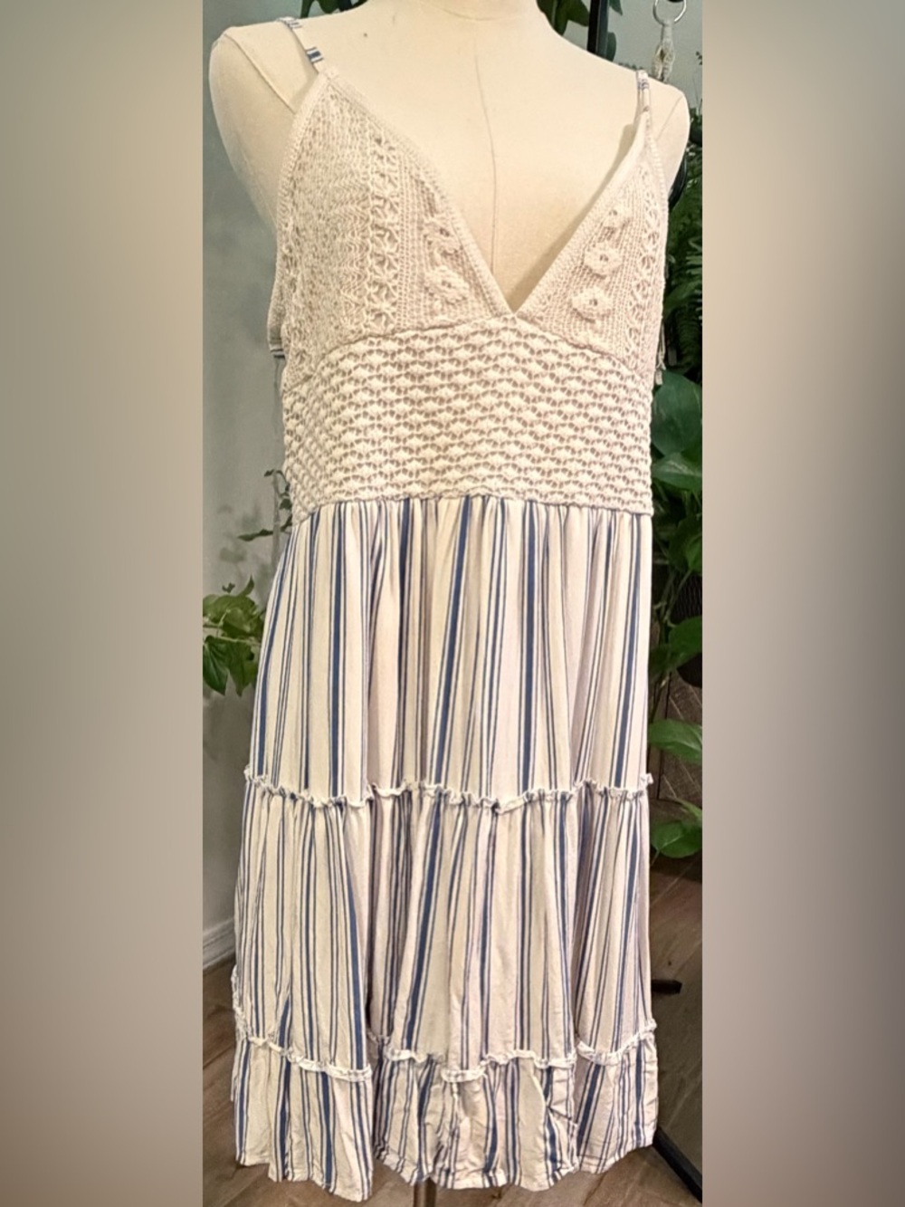Boho Crochet-Top Striped Midi Dress - Cream & Blue - Junior size